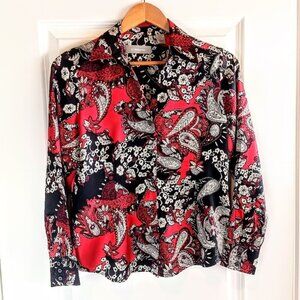 Liz Claiborne Petite Red Black White Paisley Silk Charmeuse Blouse